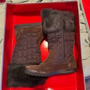 Coach Dark Brown Fur-Trim Winter Boots
